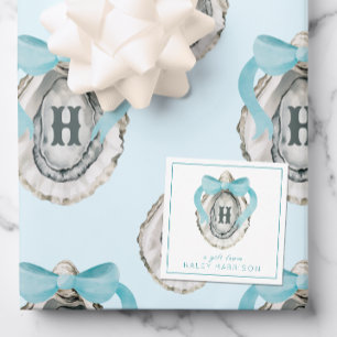 Watercolor Monogram Coastal Blue Bow Oyster Card