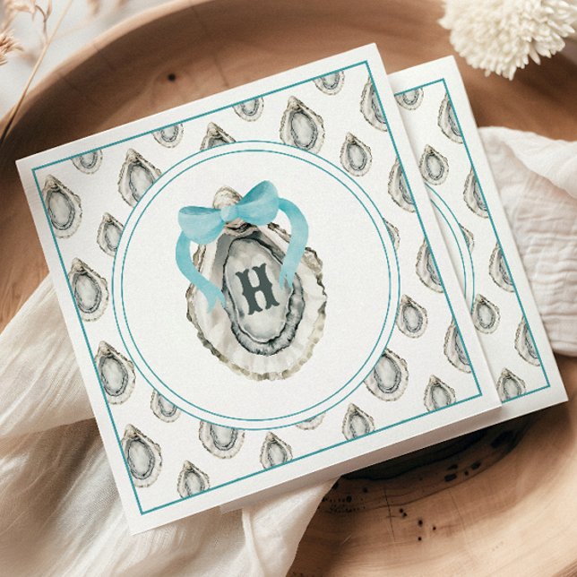 Watercolor Monogram Coastal Blue Bow Oyster Napkin (Creator Uploaded)