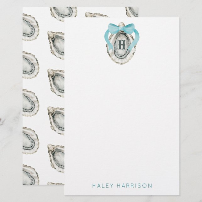 Watercolor Monogram Coastal Blue Bow Oyster Stationery (Front/Back)