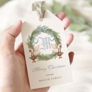 Watercolor Monogram Crest Ornate Wreath Christmas Gift Tags