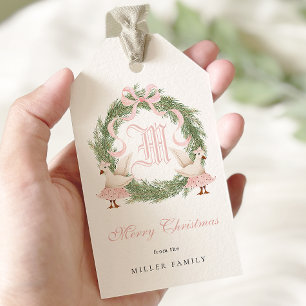 Watercolor Monogram Crest Ornate Wreath Christmas Gift Tags