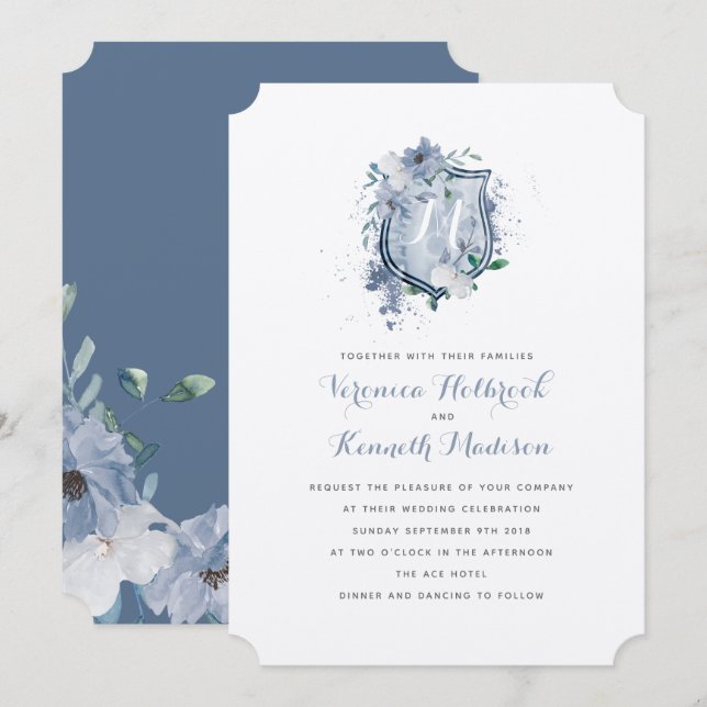 Watercolor Monogram Crest Wedding invitation (Front/Back)