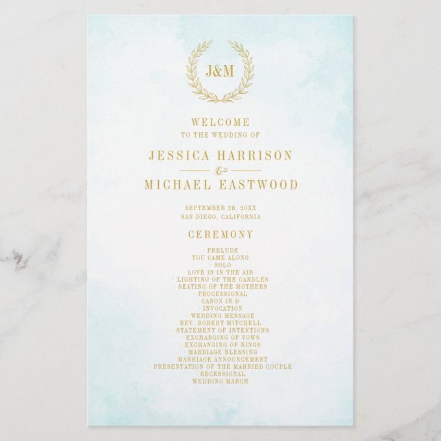 Watercolor Monogram Elegant Simple Wedding Program (Front)