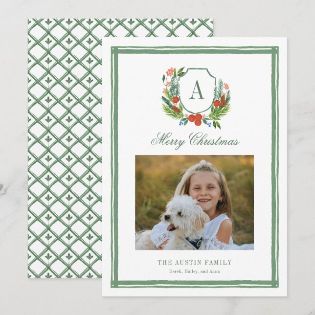 Watercolor Monogram Family Crest Christmas Holiday Card (Front/Back)