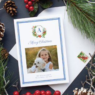 Watercolor Monogram Family Crest Christmas Holiday Card