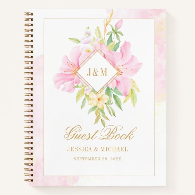 Watercolor Monogram Floral Pink Wedding Guest Book (Front)