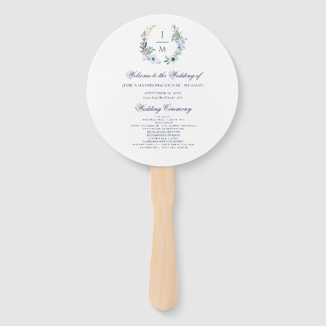 Watercolor Monogram Floral Wreath Simple Wedding Hand Fan (Front)