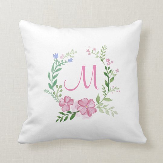 Watercolor Monogram Floral Wreath Throw Pillow
