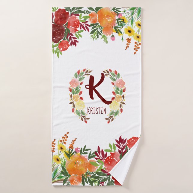 Watercolor Monogram Flower Rose Wreath Handpainted Bath Towel (Bath Towel)