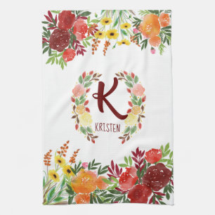 Watercolor Monogram Flower Rose Wreath Handpainted Tea Towel