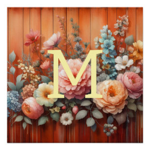 Watercolor monogram flowers terracotta colour wood poster