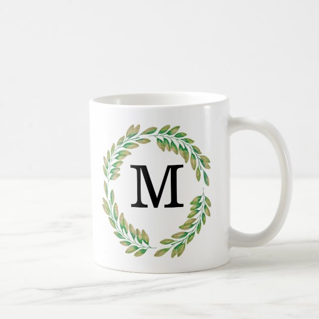 Watercolor Monogram Gold Green Leaves Wreath Coffee Mug (Right)