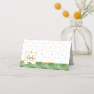 Watercolor Monogram Green & Gold Peace on Earth Place Card