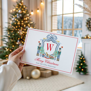 Watercolor Monogram Initial Nutcracker Crest Holiday Card