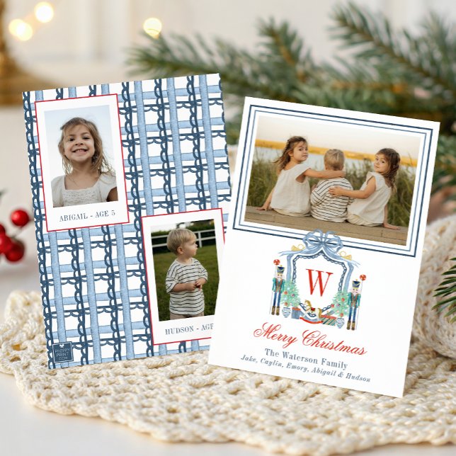 Watercolor Monogram Initial Nutcracker Crest Photo Holiday Card (Creator Uploaded)