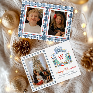 Watercolor Monogram Initial Nutcracker Crest Photo Holiday Card