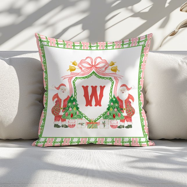 Watercolor Monogram Initial Plaid Santa Crest Cushion (Creator Uploaded)