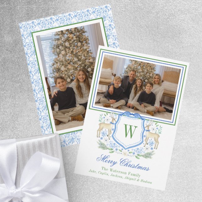 Watercolor Monogram Initial Reindeer Crest Photo Holiday Card (Creator Uploaded)