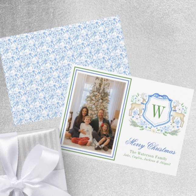 Watercolor Monogram Initial Reindeer Crest Photo Holiday Card (Creator Uploaded)