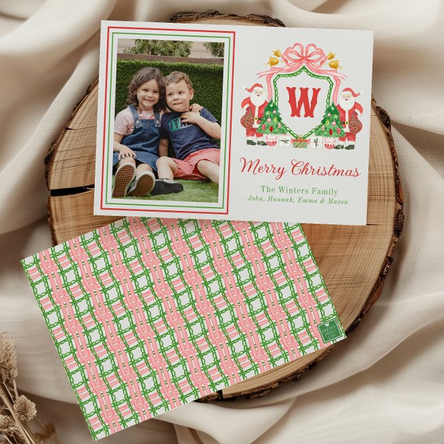 Watercolor Monogram Initial Santa Crest Photo Holiday Card (Creator Uploaded)