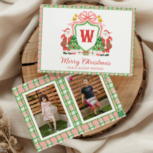 Watercolor Monogram Initial Santa Crest Photo Holiday Card