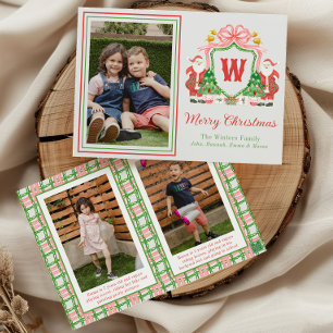 Watercolor Monogram Initial Santa Crest Photo Holiday Card