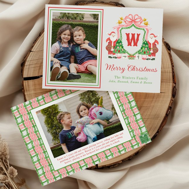 Watercolor Monogram Initial Santa Crest Photo Holiday Card (Creator Uploaded)
