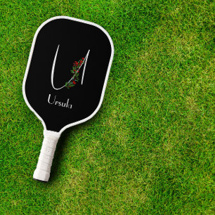 Watercolor monogram letter U black Pickleball Paddle