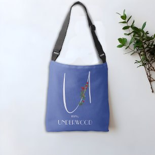 Watercolor monogram letter U teacher blue Crossbody Bag