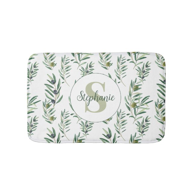Watercolor Monogram Name Olive Branches Pattern Bath Mat (Front)