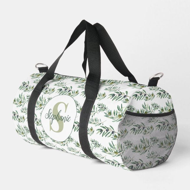 Watercolor Monogram Name Olive Branches Pattern Duffle Bag (Right Corner)