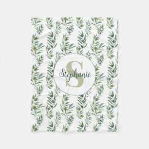 Watercolor Monogram Name Olive Branches Pattern Fleece Blanket