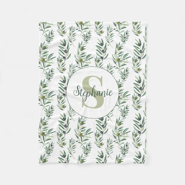 Watercolor Monogram Name Olive Branches Pattern Fleece Blanket (Front)