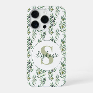 Watercolor Monogram Name Olive Branches Pattern iPhone 16 Pro Case