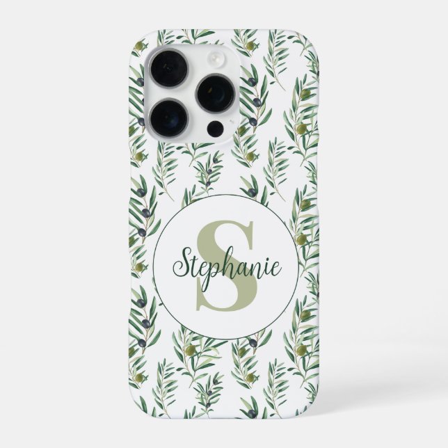 Watercolor Monogram Name Olive Branches Pattern iPhone Case (Back)