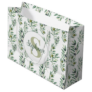 Watercolor Monogram Name Olive Branches Pattern Large Gift Bag