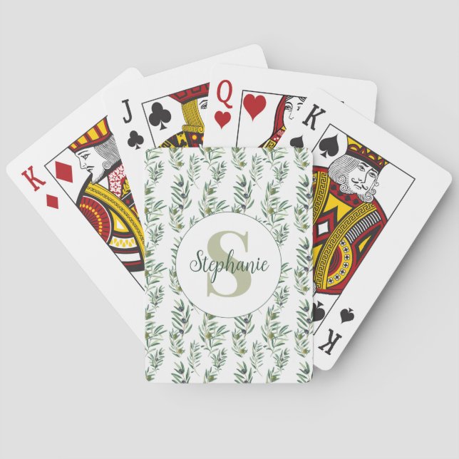 Watercolor Monogram Name Olive Branches Pattern Playing Cards (Back)