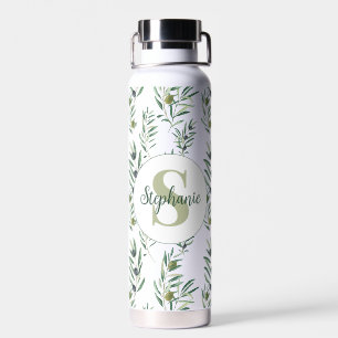 Watercolor Monogram Name Olive Branches Pattern Water Bottle