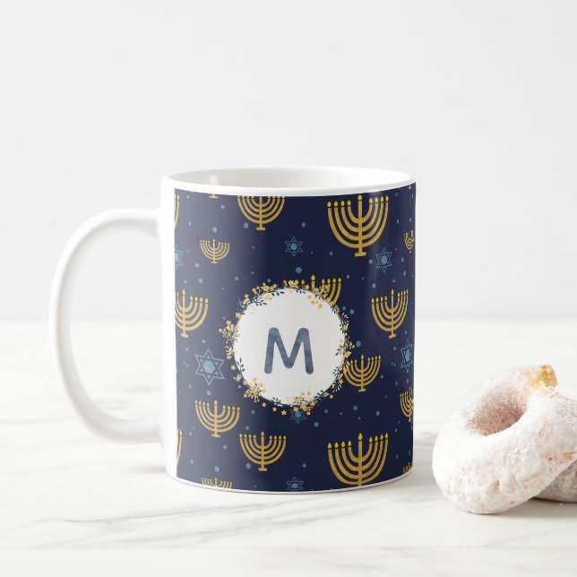 Watercolor Monogram Navy Blue + Hanukkah Pattern Coffee Mug (With Donut)