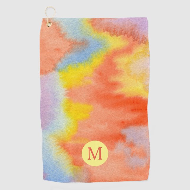 Watercolor Monogram Orange Yellow Blue Lavender Golf Towel (Front)
