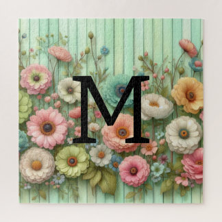Watercolor monogram pastels flowers on green wood jigsaw puzzle