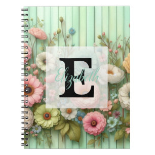 Watercolor monogram pastels flowers on green wood notebook