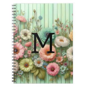 Watercolor monogram pastels flowers on green wood notebook