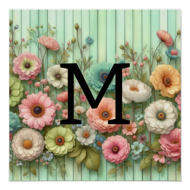 Watercolor monogram pastels flowers on green wood poster (Front)