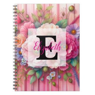 Watercolor monogram pastels flowers on pink wood notebook
