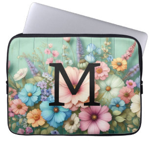 Watercolor monogram pastels flowers on teal wood laptop sleeve