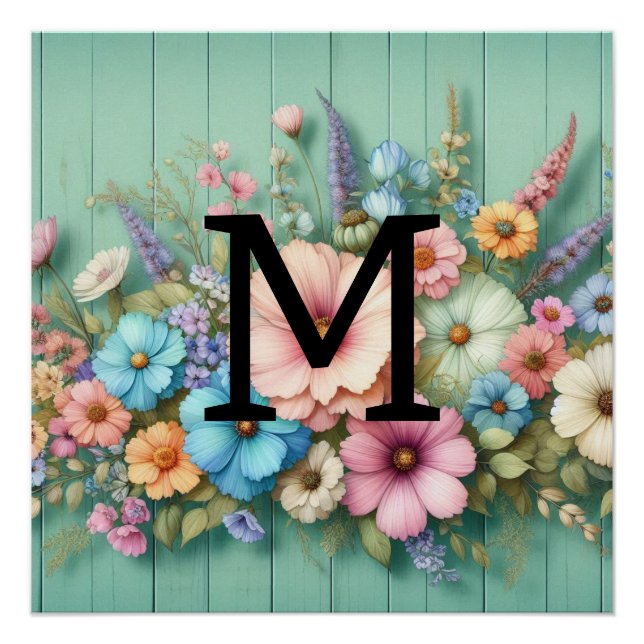 Watercolor monogram pastels flowers on teal wood poster (Front)