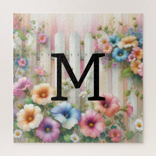 Watercolor monogram pastels flowers on white wood jigsaw puzzle (Vertical)