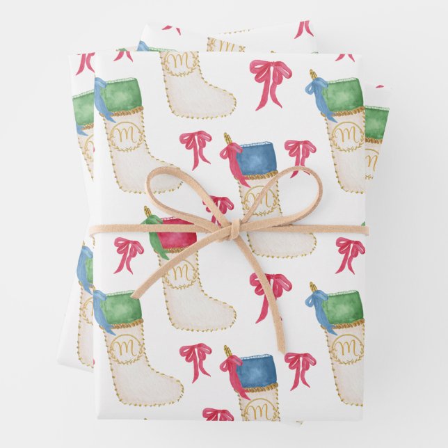 Watercolor Monogram Personalise Christmas Stocking Wrapping Paper Sheet (In situ)