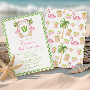 Watercolor Monogram Pink Flamingo Crest Christmas Invitation